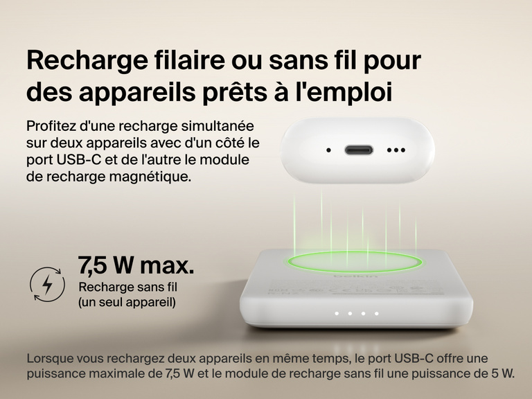 Belkin BoostCharge Slim Magnetic Power Bank 5K shown wirelessly charging earbuds, demonstrating 7.5W max magnetic wireless charging for single-device power.