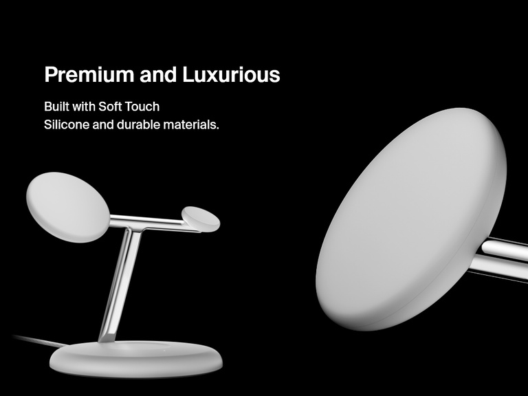 Close-up image of a white Belkin BoostCharge Pro 3-in-1 Magnetic Wireless Charging Stand with Qi2 15W, emphasizing its premium, soft-touch silicone and durable metal construction.