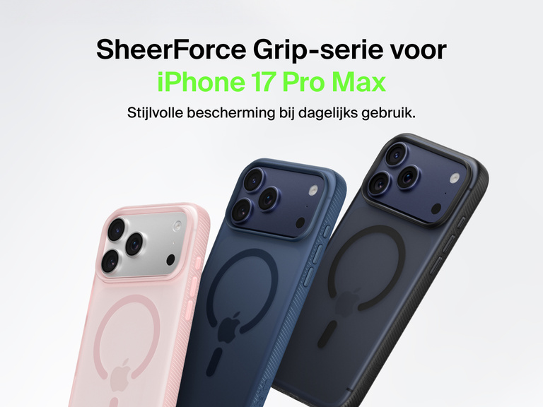 Belkin SheerForce Grip Series protective case for iPhone 17 shown in pink, clear, and black with slim design and MagSafe compatibility.