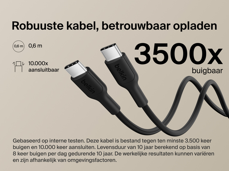 Belkin BoostCharge Slim Magnetic Power Bank 5K shown with durable USB-C to USB-C cable designed for 3,500+ bends and reliable long-lasting charging performance.