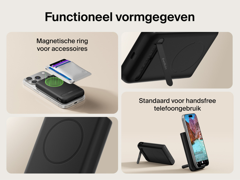 Belkin UltraCharge Pro Power Bank 10K with magnetic ring shown attached to a smartphone for portable wireless charging, featuring an integrated kickstand phone grip and slim, lightweight design for on-the-go use.