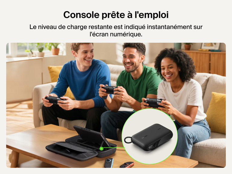 Un gruppo di amici che giocano con il Nintendo Switch 2, mentre la custodia di ricarica Belkin Gaming alimenta una console. Il primo piano del display mostra il 90% di livello della batteria.