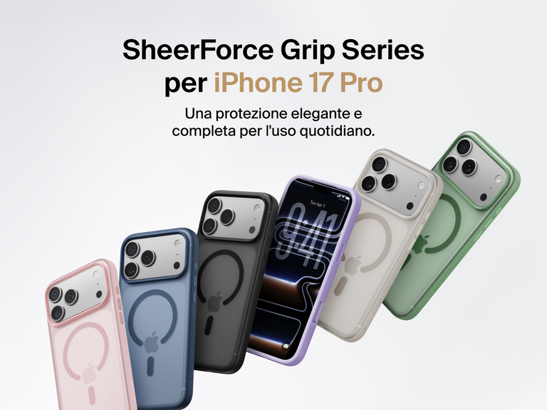 Belkin SheerForce Grip Series protective case for iPhone 17 shown in pink, clear, and black with slim design and MagSafe compatibility.