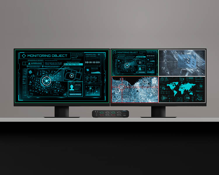 Dual monitors displaying data analytics and surveillance imagery, connected via the Belkin Universal DisplayPort DuoClave Secure KVM Series, facilitating secure and efficient multi-system management.