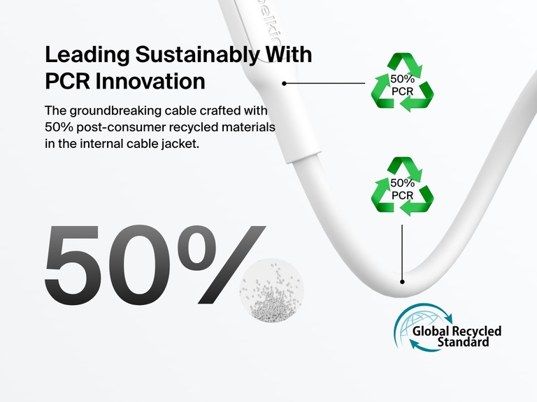 Belkin BoostCharge USB-C Cable with Lightning Connector features a sustainable design made with 50% post-consumer recycled materials, certified by the Global Recycled Standard.