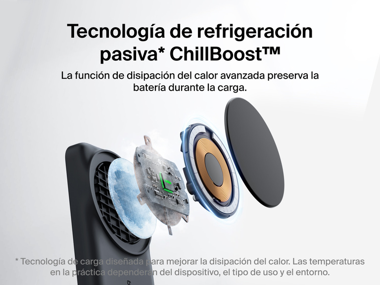 El cargador magnético plegable 3 en 1 con Qi2 25W Belkin UltraCharge incluye tecnología de refrigeración pasiva ChillBoost™ que ofrece una disipación del calor avanzada para preservar la batería del dispositivo conectado.