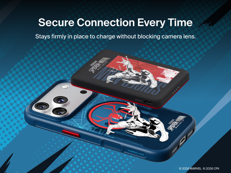 Belkin BoostCharge Slim Magnetic Power Bank 5K shown magnetically aligned between a smartphone and wallet accessory, demonstrating precise magnetic ring for secure attachment and camera-safe design.