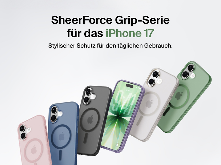 Belkin SheerForce Grip Series protective case for iPhone 17 shown in pink, clear, and black with slim design and MagSafe compatibility.