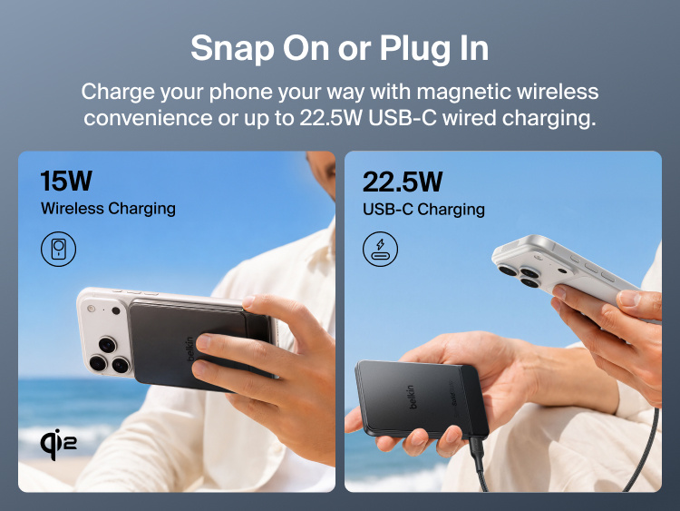 Belkin UltraCharge Pro Slim Magnetic Power Bank 5K with BoostSolid Cell demonstrating 15W Qi2 magnetic wireless charging and up to 22.5W USB-C wired charging.