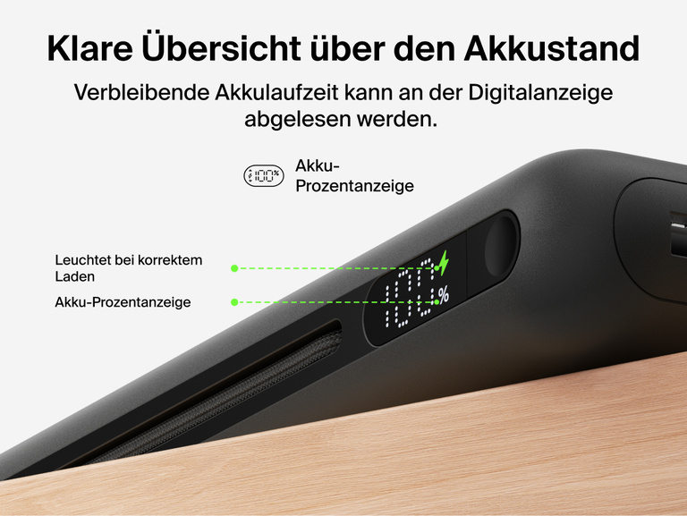 Belkin UltraCharge Pro Laptop Power Bank 25K with digital display showing real-time battery percentage and charging status for accurate power monitoring