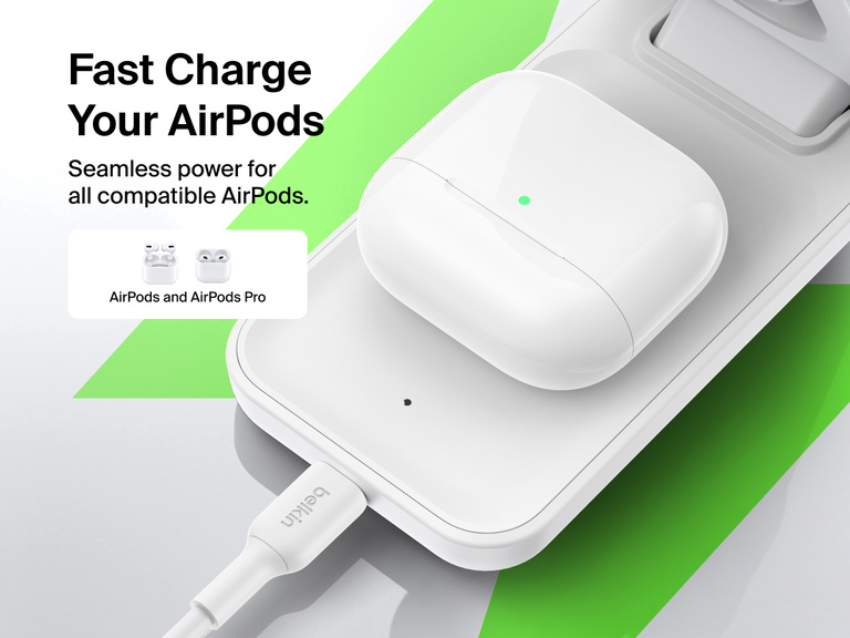 Belkin UltraCharge 3-in-1 Foldable Magnetic Charger with Qi2 25W provides fast wireless charging for AirPods and AirPods Pro with seamless compatibility.