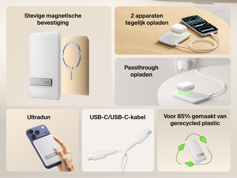 Belkin BoostCharge Slim Magnetic Power Bank 5K with Qi2 shown highlighting secure magnetic attachment, ultra-slim design, dual-device charging, USB-C connectivity, pass-through charging, and sustainability features.