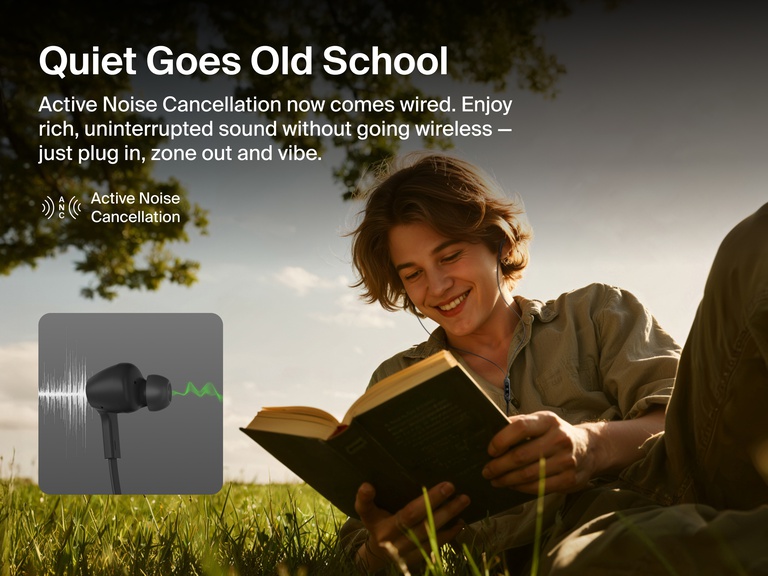 Belkin SoundForm ANC Wired Earbuds with USB-C® provide active noise cancellation for rich, uninterrupted sound while reading or relaxing outdoors.