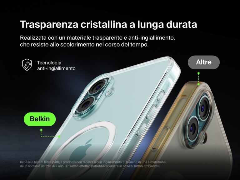 A comparison image showcasing the anti-yellowing technology of the Belkin SheerForce™ Magnetic iPhone Case. The Belkin case remains crystal clear over time, while a competing case appears yellowed. The text highlights the long-lasting clarity and resistance to discoloration, ensuring the case maintains its sleek, transparent design even after extended use.