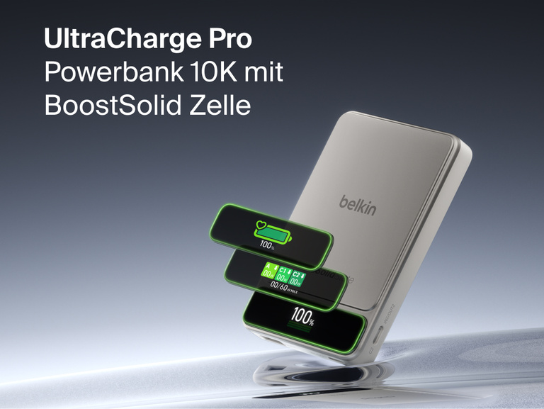 Die Belkin UltraCharge Pro Powerbank 10K mit BoostSolid-Zelle mit einem intelligenten Display f&uuml;r den Akkustand, die aktuelle Wattzahl und Ladeinformationen.