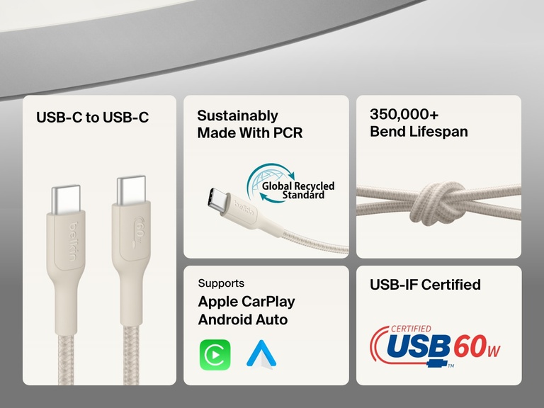 Belkin BoostCharge Pro Braided USB-C to USB-C Cable 60W features a durable design with 350,000+ bend lifespan, USB-IF certification, PCR materials, and support for Apple CarPlay and Android Auto.