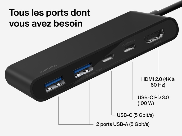 Belkin Connect 5-Port USB-C Hub with Dual USB-C Ports includes HDMI 2.0 4K@60Hz, USB-C PD 3.0 100W, USB-C 5Gbps, and dual USB-A 5Gbps ports.