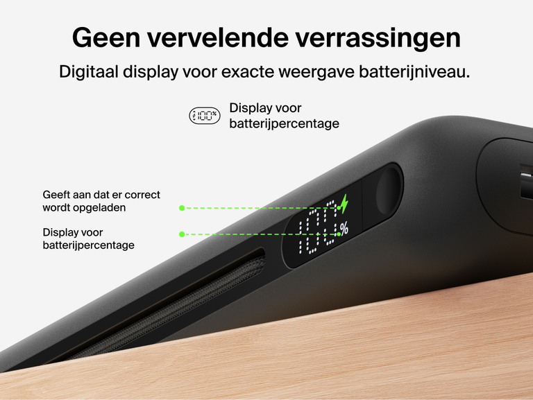 Belkin UltraCharge Pro Laptop Power Bank 25K with digital display showing real-time battery percentage and charging status for accurate power monitoring