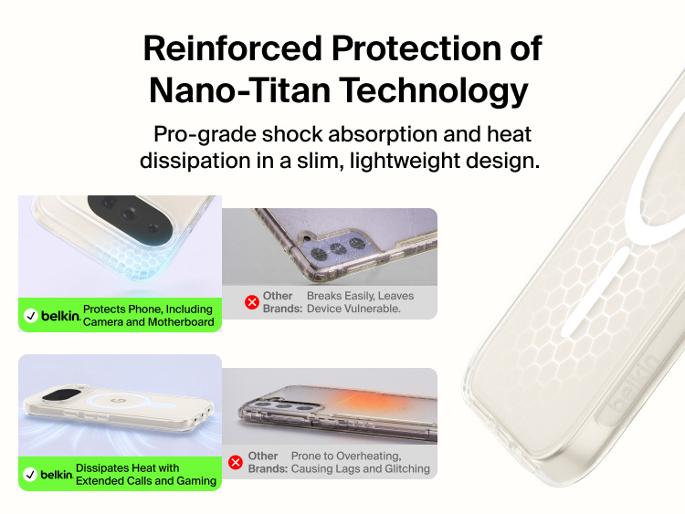 Belkin Clear Series Case for Google Pixel 11 with Nano-Titan technology for advanced shock absorption and heat dissipation in a slim, lightweight design.