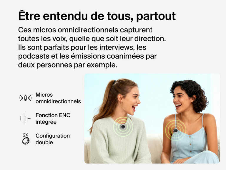 Image de deux&nbsp;femmes assises sur un canap&eacute;, chacune portant un petit micro rond sans fil, clips&eacute; sur leur v&ecirc;tement. Des anneaux color&eacute;s autour des micros indiquent la fonction omnidirectionnelle des produits. Sur la gauche, on peut lire &laquo;&nbsp;&Ecirc;tre entendu, partout&nbsp;&raquo;, et le texte mentionne la fonction omnidirectionnelle des micros, l'ENC et le fait que ces accessoires sont parfaits pour les interviews, podcasts et les &eacute;missions pr&eacute;sent&eacute;es par deux&nbsp;personnes.