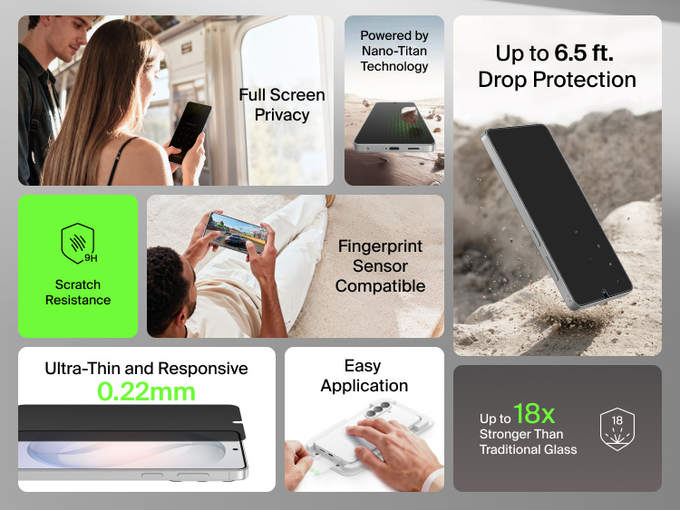 Belkin ScreenForce Titan SmartShield Privacy Filter Screen Protector for Samsung Galaxy S26 highlighting full-screen privacy, fingerprint sensor compatibility, 9H scratch resistance, up to 6.5 ft drop protection, ultra-thin 0.22 mm design, and easy application powered by Nano-Titan technology.