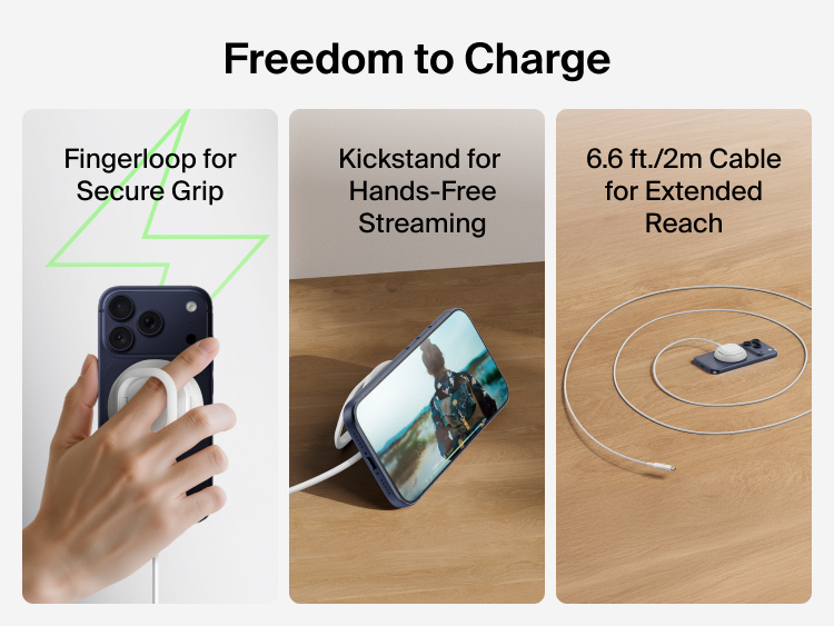 Belkin UltraCharge Magnetic Charger with Qi2 25W shown with finger loop, kickstand functionality, and an included 2m cable for flexible charging and hands-free use.