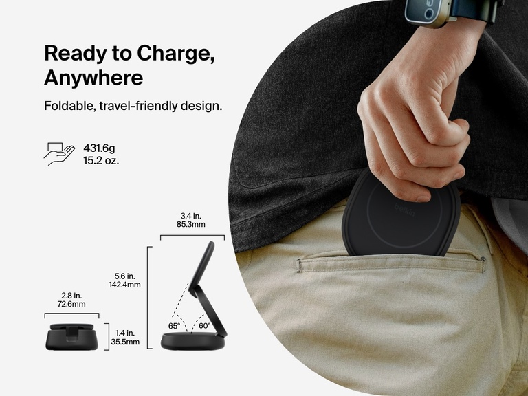 Belkin BoostCharge 2-in-1 Convertible Magnetic Charging Stand with Qi2 15W features a foldable, travel-friendly design that fits easily into a pocket for portable charging.