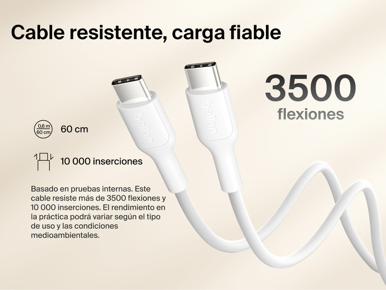 Belkin BoostCharge Slim Magnetic Power Bank 10K with included USB-C to USB-C cable highlighting durable design tested for 3,500 bends and 10,000 plug-ins