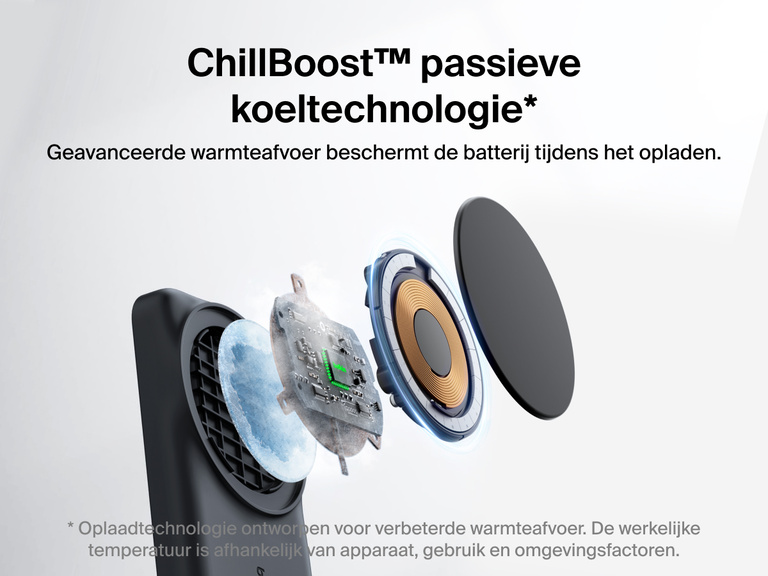 De Belkin UltraCharge 3-in-1 uitklapbare magnetische lader met Qi2 25W werkt met de passieve koeltechnologie ChillBoost™ om warmte beter af te voeren en de batterij te beschermen.