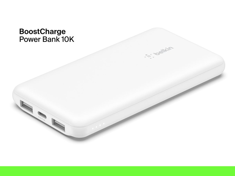 A white Belkin BoostCharge Power Bank 10K is shown with dual USB-A ports, a USB-C port, and LED indicators for battery level.