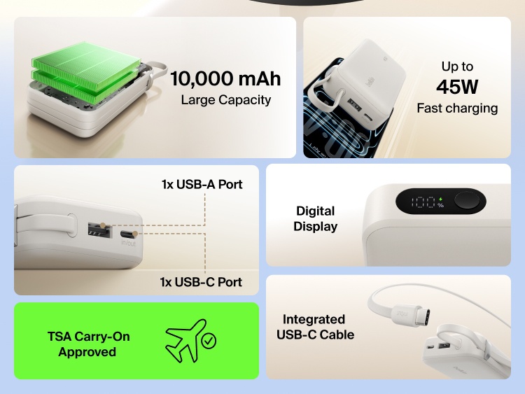 Belkin UltraCharge 10K power bank with 45W fast charging, integrated USB-C cable, digital display, USB-A and USB-C ports, and TSA carry-on approved design.