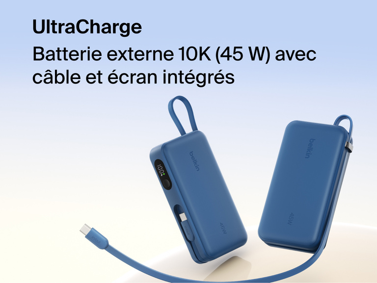 Belkin UltraCharge 10K 45W power bank with integrated cable and digital display showing battery level, designed for fast portable charging.