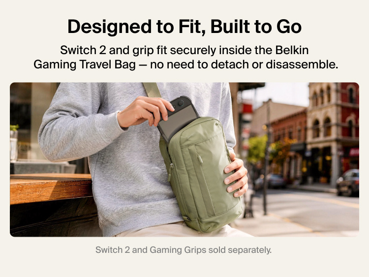 Belkin Gaming Travel Bag for Nintendo Switch 2 securely fits the console and compatible gaming grips without requiring disassembly.
