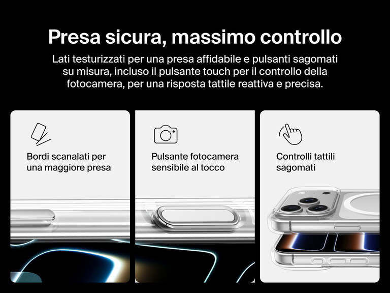 Belkin SheerForce Clear Series Case for iPhone 17 with grooved edges, tactile molded controls, and touch-sensitive camera button for secure grip and seamless control.