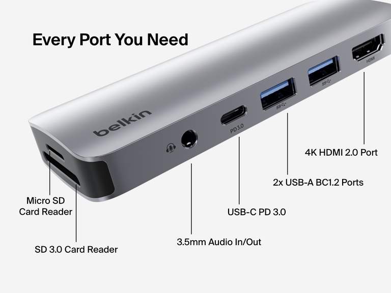 Image showing labeled ports on the Belkin Connect USB-C 7-in-1 Multiport Hub, including a micro SD card reader, SD 3.0 card reader, 3.5mm audio in/out, USB-C PD 3.0, two USB-A BC1.2 ports, and a 4K HDMI 2.0 port.