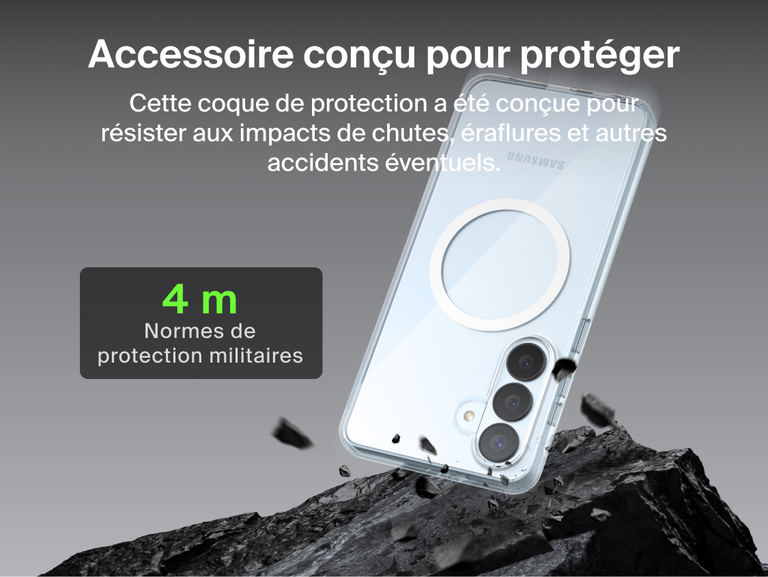 Belkin SheerForce Clear Series Case for Samsung Galaxy S26 shown protecting a phone during impact, highlighting slim design with 13 ft / 4 m military-grade drop protection and built-in Qi2 wireless charging support.