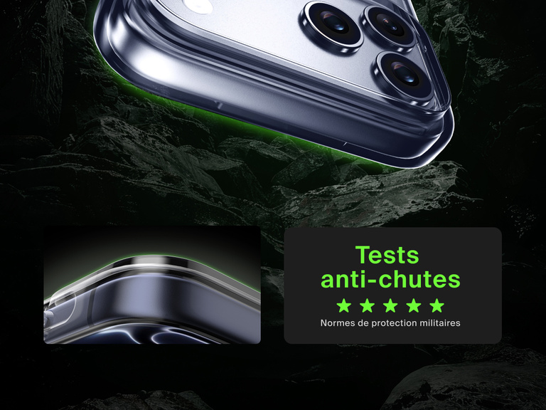 Belkin SheerForce Clear Series Case for iPhone 17 shown with 13-foot drop test and military-grade protection.