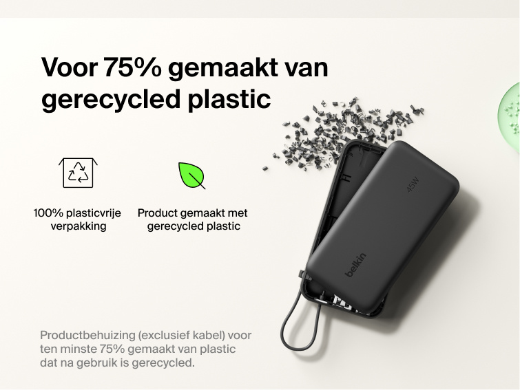 Belkin UltraCharge 10K power bank with integrated USB-C cable and digital display made with 75% recycled plastic and eco-friendly packaging