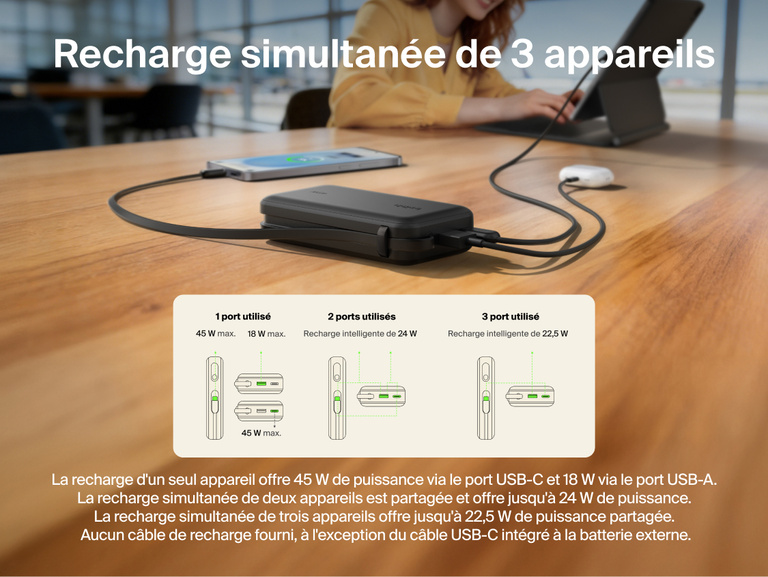 Belkin UltraCharge 10K power bank with integrated USB-C cable and digital display charging up to three devices simultaneously with smart power sharing
