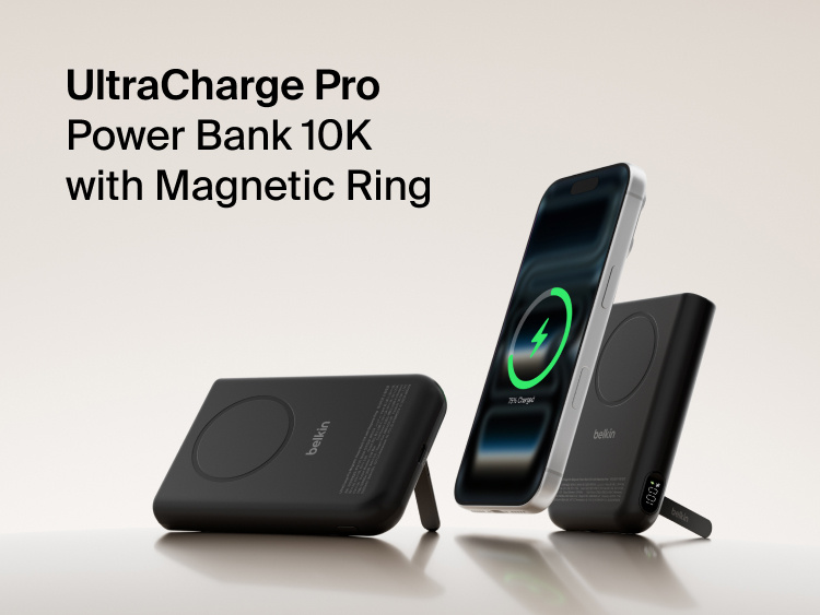 Belkin UltraCharge Pro Power Bank 10K with magnetic ring shown wirelessly charging a smartphone, featuring a slim portable battery design for on-the-go fast charging.
