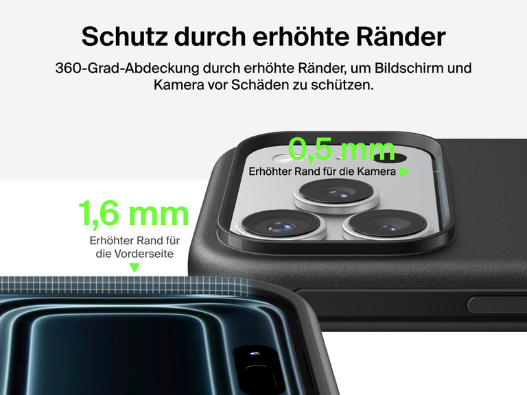 Belkin H&uuml;lle der SheerForce Protect Serie f&uuml;r das iPhone 17 mit erh&ouml;hten R&auml;ndern, die dem Milit&auml;rstandard f&uuml;r Schutz bei Aufprall aus bis zu 4&nbsp;m H&ouml;he entspricht.