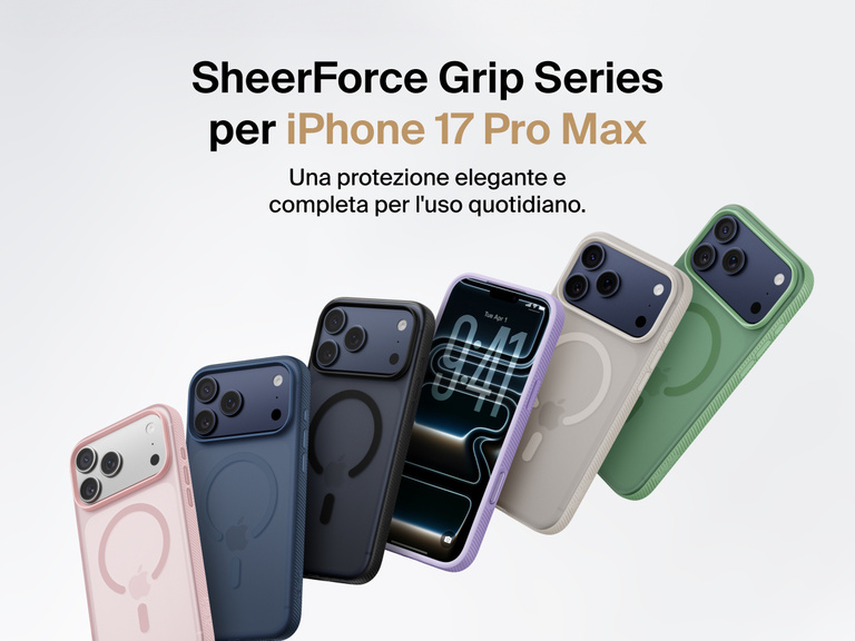 Belkin SheerForce Grip Series protective case for iPhone 17 shown in pink, clear, and black with slim design and MagSafe compatibility.