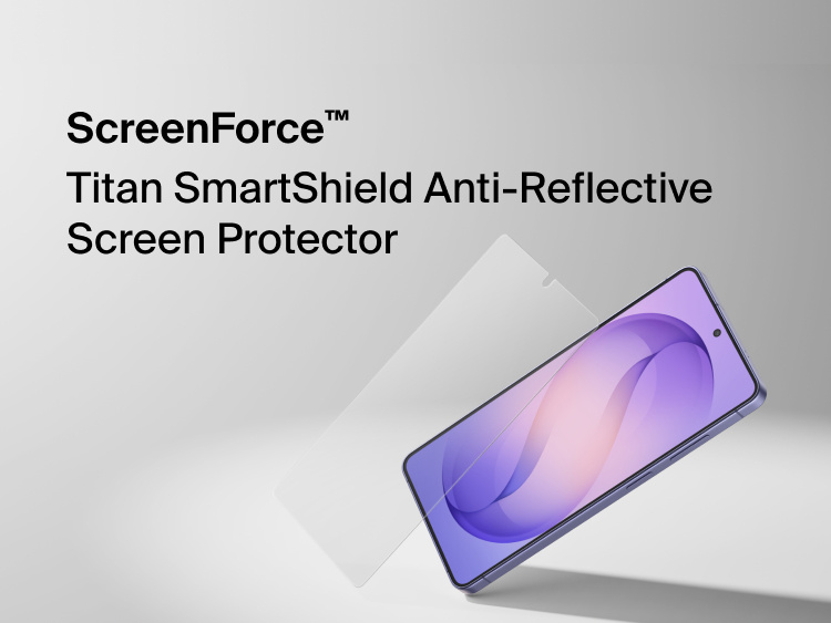 Belkin ScreenForce Titan SmartShield Anti-Reflective Screen Protector installed on Samsung Galaxy S26, shown with layered design highlighting edge-to-edge coverage and glare-reducing screen protection.