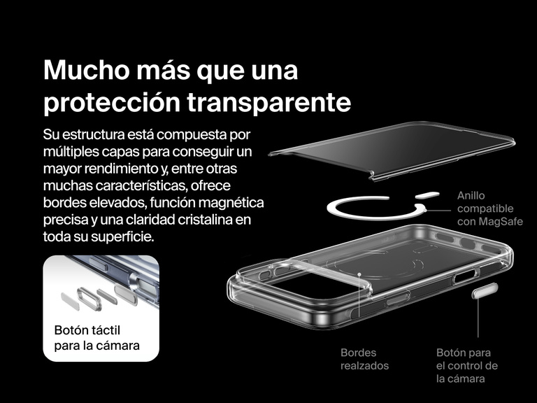 Belkin SheerForce Clear Series Case for iPhone 17 with raised edges, MagSafe-compatible ring, touch-sensitive camera button, and layered clear protection design.