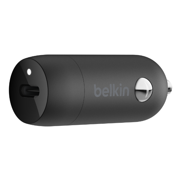 A close-up view of a black Belkin USB-C car charger designed to fit into a vehicle's 12V power outlet, featuring a sleek cylindrical design with a subtle LED indicator and a single USB-C port.