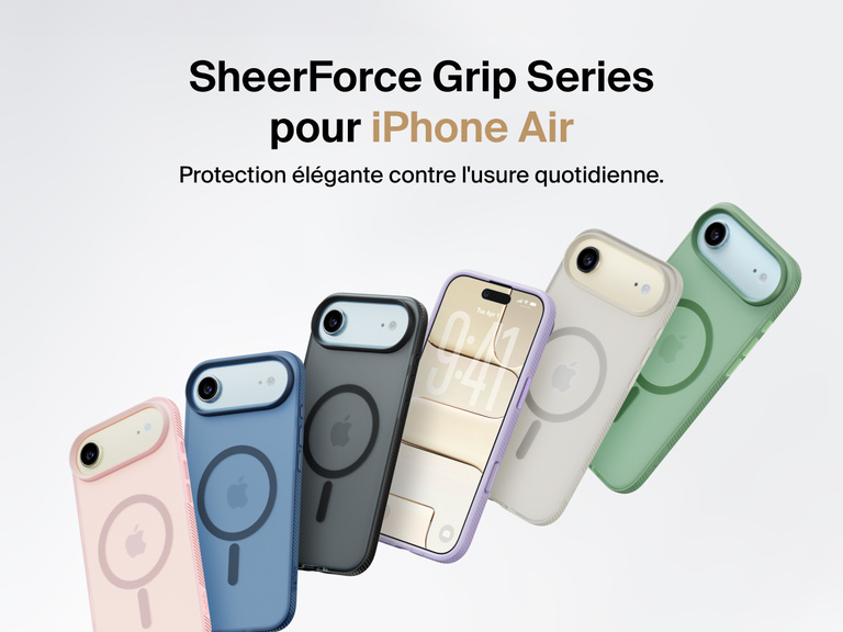 Belkin SheerForce Grip Series protective case for iPhone 17 shown in pink, clear, and black with slim design and MagSafe compatibility.