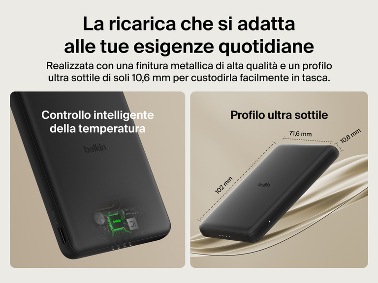 Belkin BoostCharge Slim Magnetic Power Bank 5K shown with smart thermal control and ultra-slim 0.5-inch profile designed for portable, pocket-friendly charging.