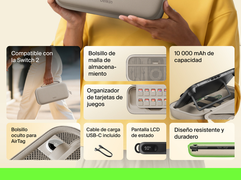 Infographic showcasing the Belkin Gaming Charging Case for Nintendo Switch 2 with features like 10,000 mAh power capacity, game card storage sleeve, USB-C cable, LCD battery indicator, mesh pocket, hidden AirTag pocket, and a durable, protective design.