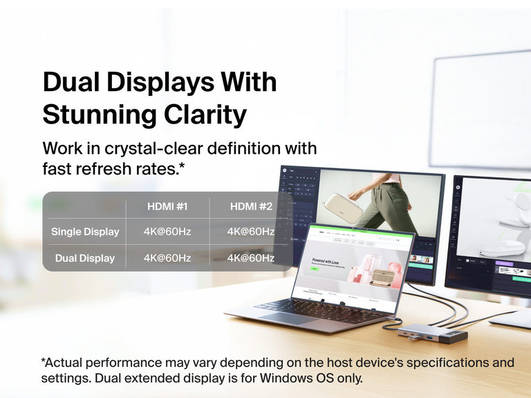 Laptop connected to two external monitors through a Belkin Connect 8-Port Dual Display USB-C Hub, demonstrating dual 4K@60Hz display support for a clear multi-screen workspace.