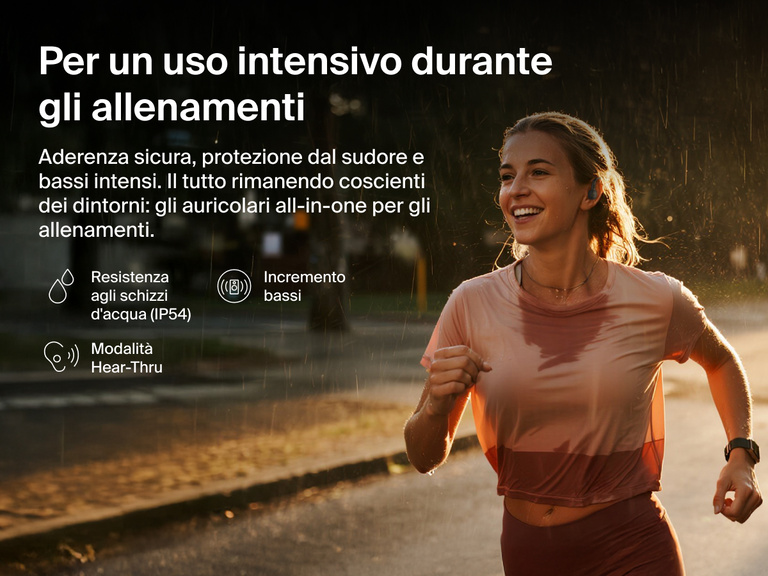 Belkin SoundForm ActiveFit Wireless Earbuds with secure fit, IP54 water resistance, bass boost, and Hear-Thru mode, shown on a runner in the rain.